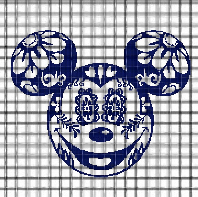 Mickey Head with flowers silhouette cross stitch pattern in pdf