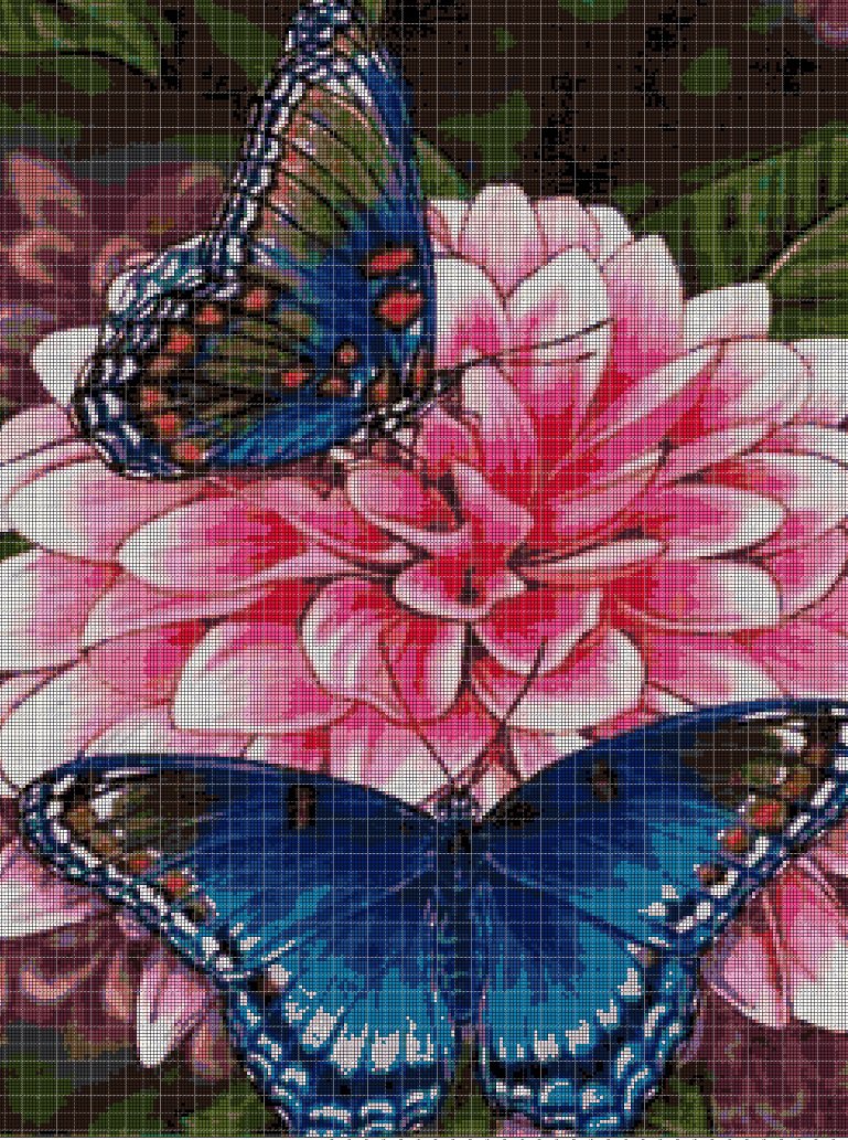Dahlia with butterflies DMC cross stitch pattern in pdf DMC