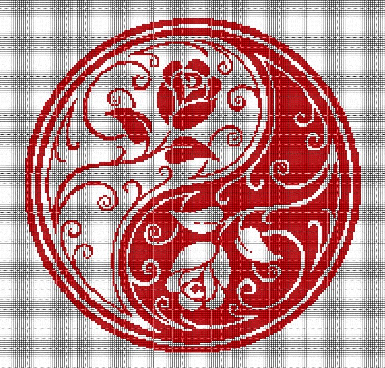 Yin-Yang roses silhouette cross stitch pattern in pdf