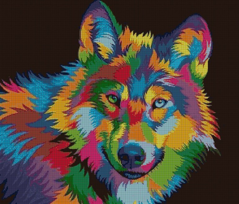 Colorful wolf DMC cross stitch pattern in pdf DMC