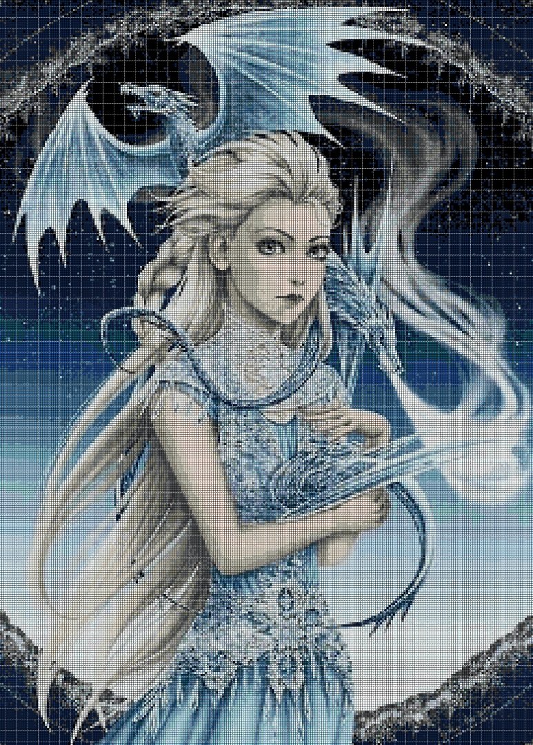 Ice dragon and the girl DMC cross stitch pattern in pdf DMC