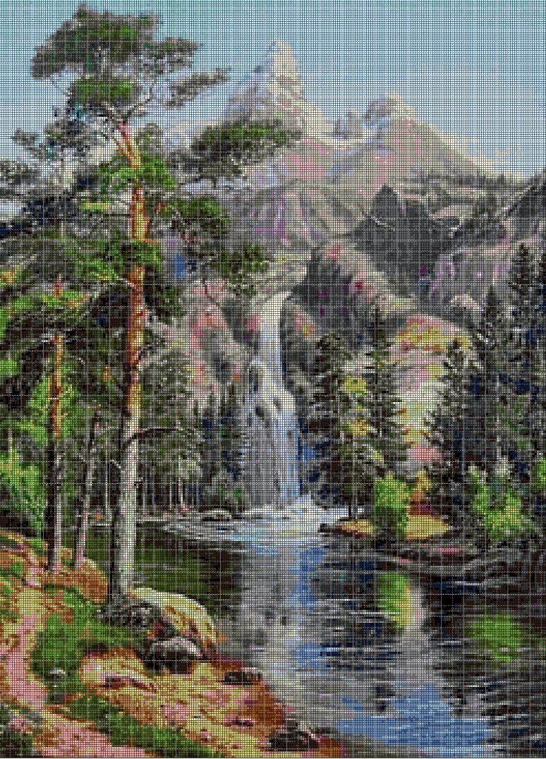 Landscape with waterfall DMC cross stitch pattern in pdf DMC