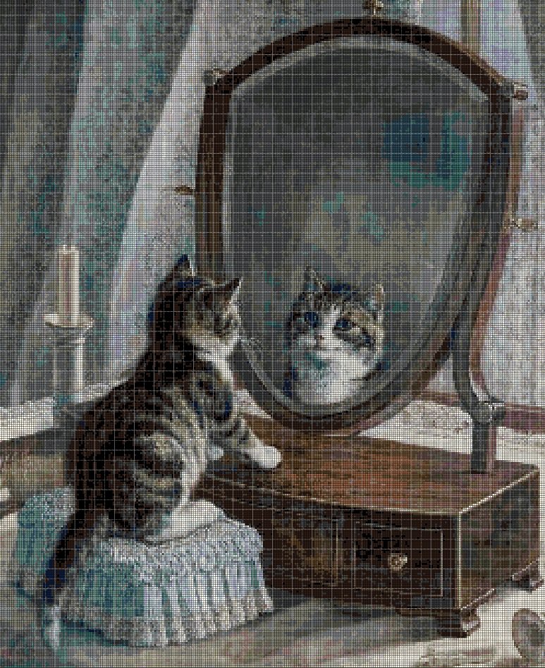 Little cat in mirror DMC cross stitch pattern in pdf DMC