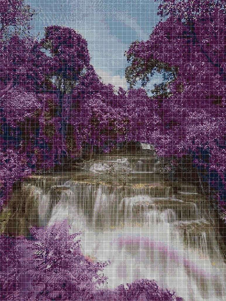 Purple landscape DMC cross stitch pattern in pdf DMC
