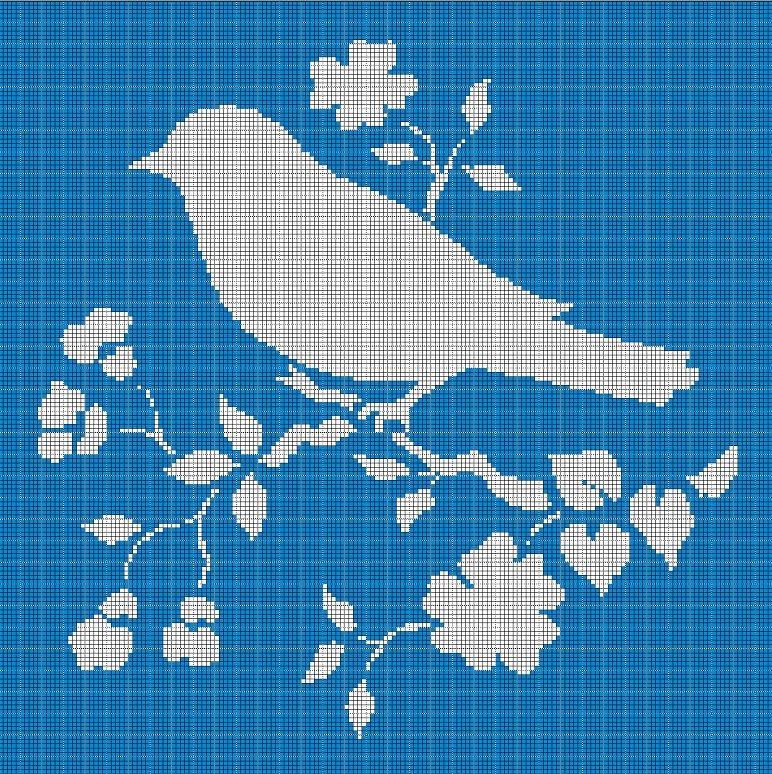 Bird with flowers silhouette cross stitch pattern in pdf