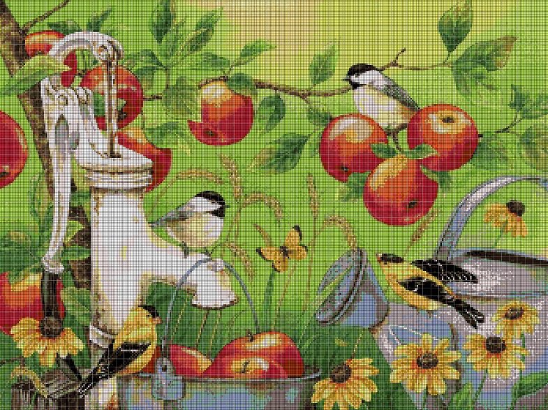 Apples and birds DMC cross stitch pattern in pdf DMC