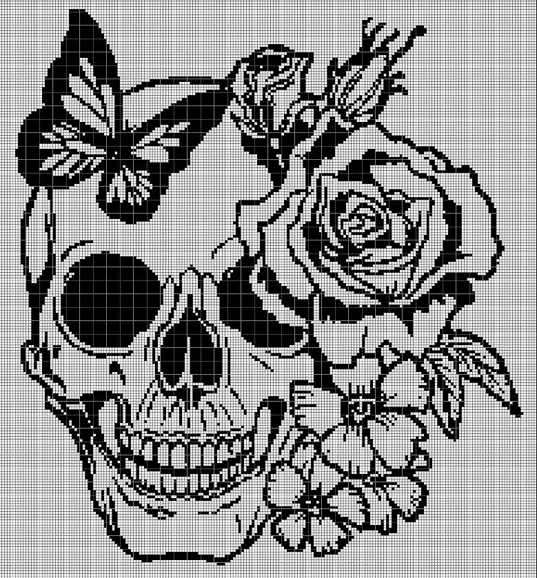 Skull with flowers silhouette cross stitch pattern in pdf