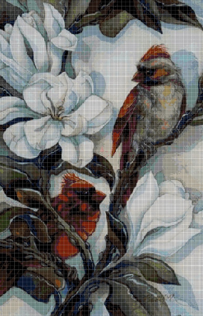 Birds and the magnolia DMC cross stitch pattern in pdf DMC