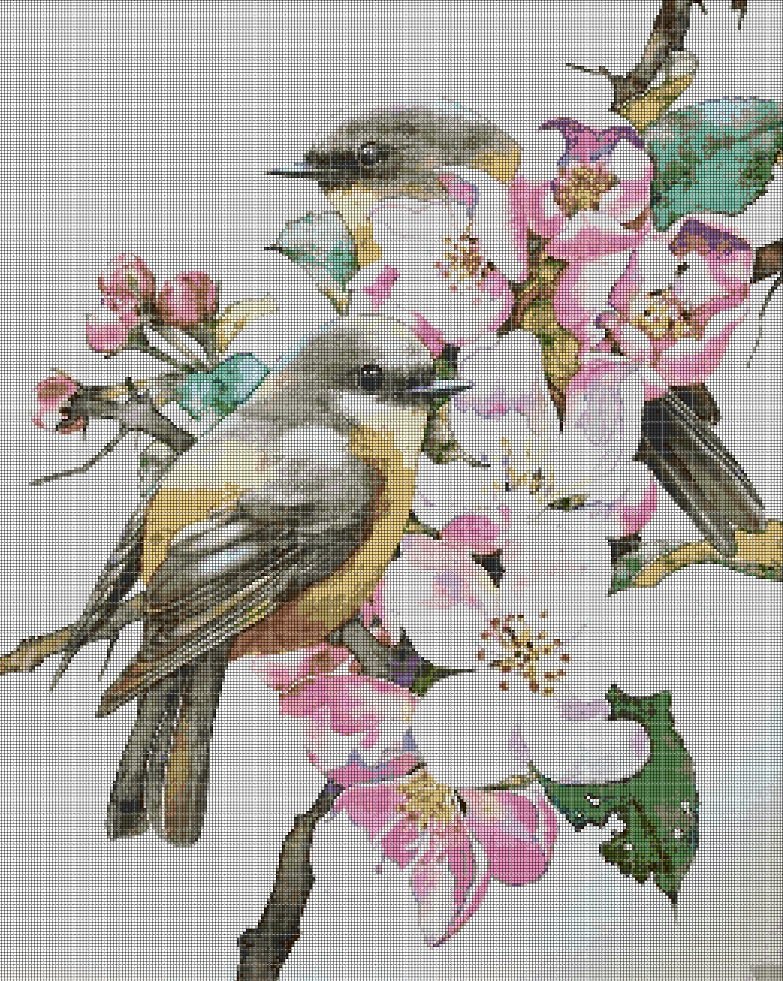 Birds in blossom DMC cross stitch pattern in pdf DMC