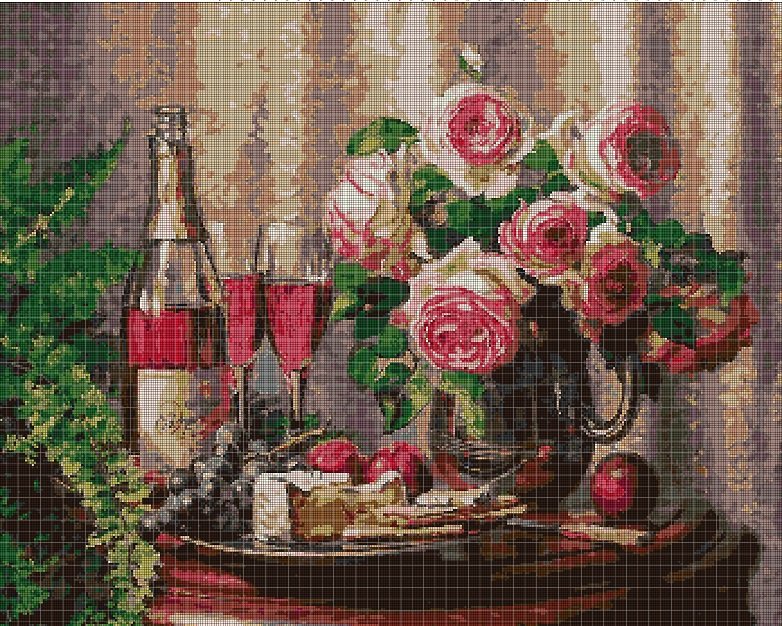 Wine and roses DMC cross stitch pattern in pdf DMC