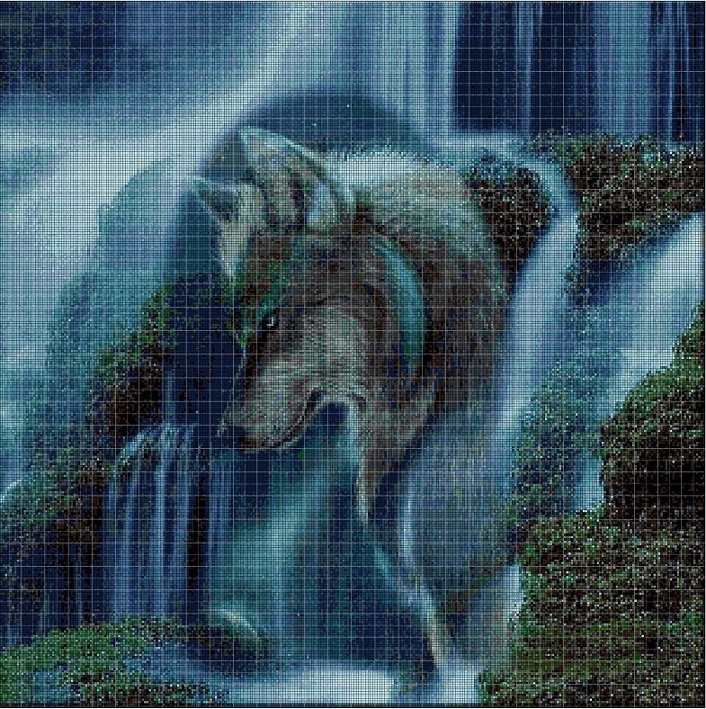 Wolf in the waterfall DMC cross stitch pattern in pdf DMC