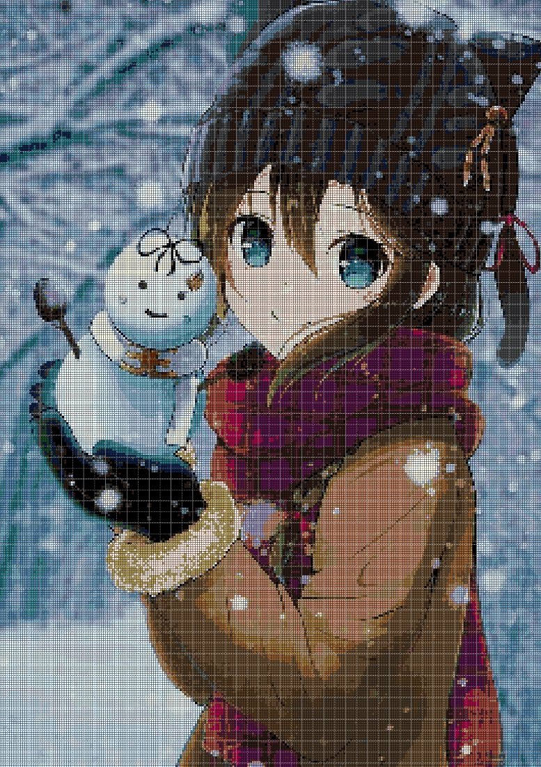 Anime girl and snowman DMC cross stitch pattern in pdf DMC