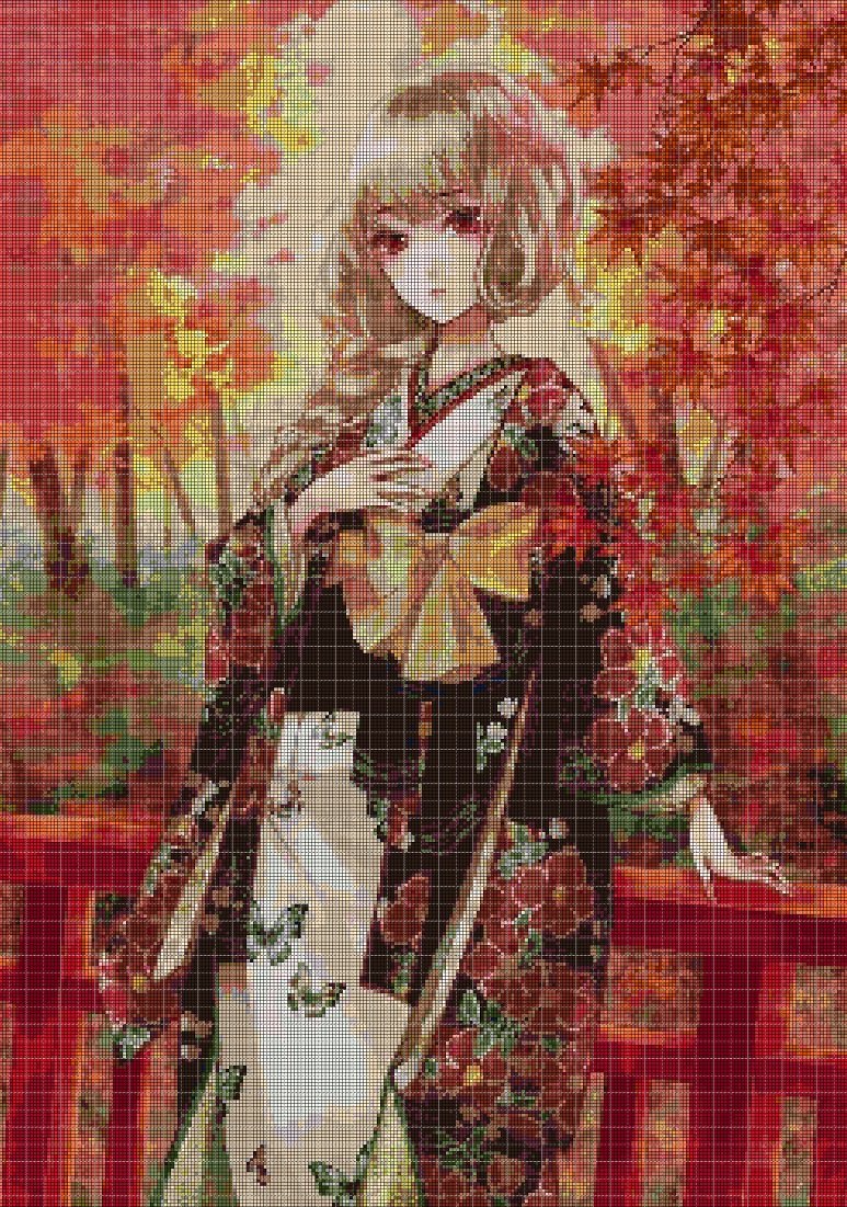 Anime girl in autumn 3 DMC cross stitch pattern in pdf DMC