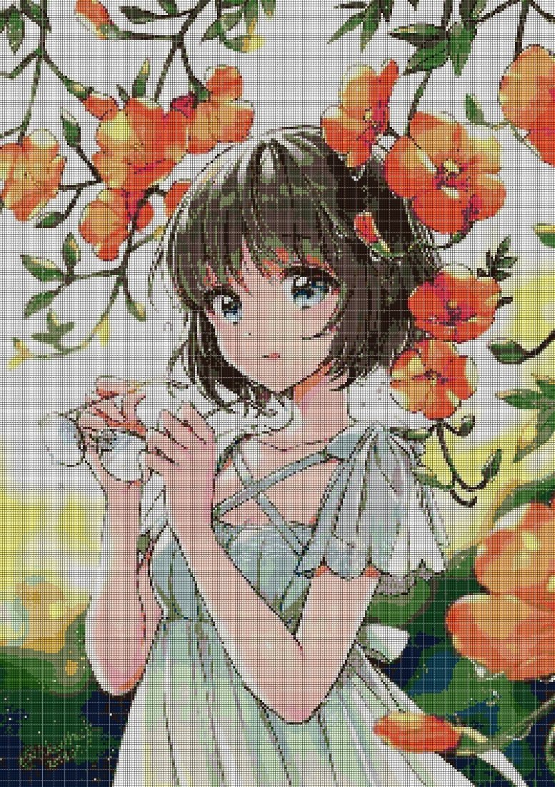 Anime girl with orange flowers DMC cross stitch pattern in pdf DMC
