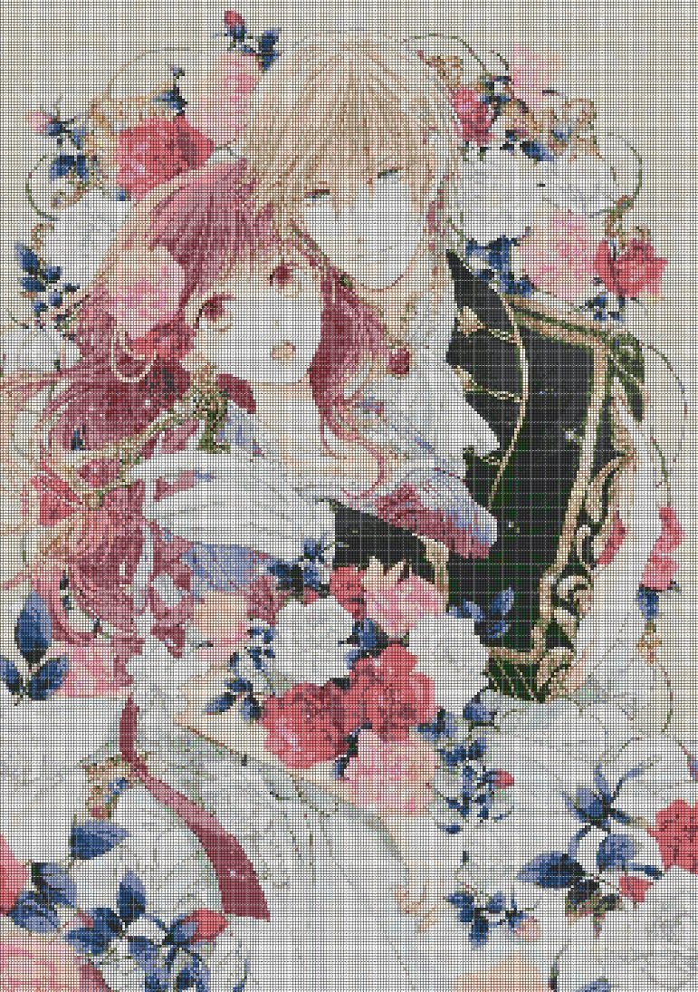 Anime lovers with flowers DMC cross stitch pattern in pdf DMC