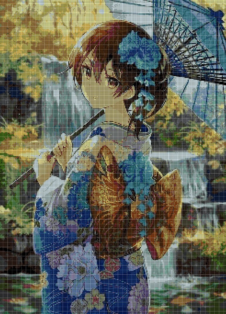 Anime girl in blue DMC cross stitch pattern in pdf DMC