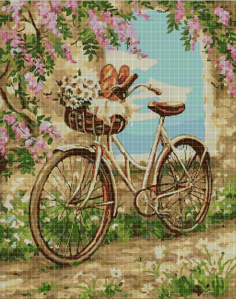 Bicycle among flowers DMC cross stitch pattern in pdf DMC