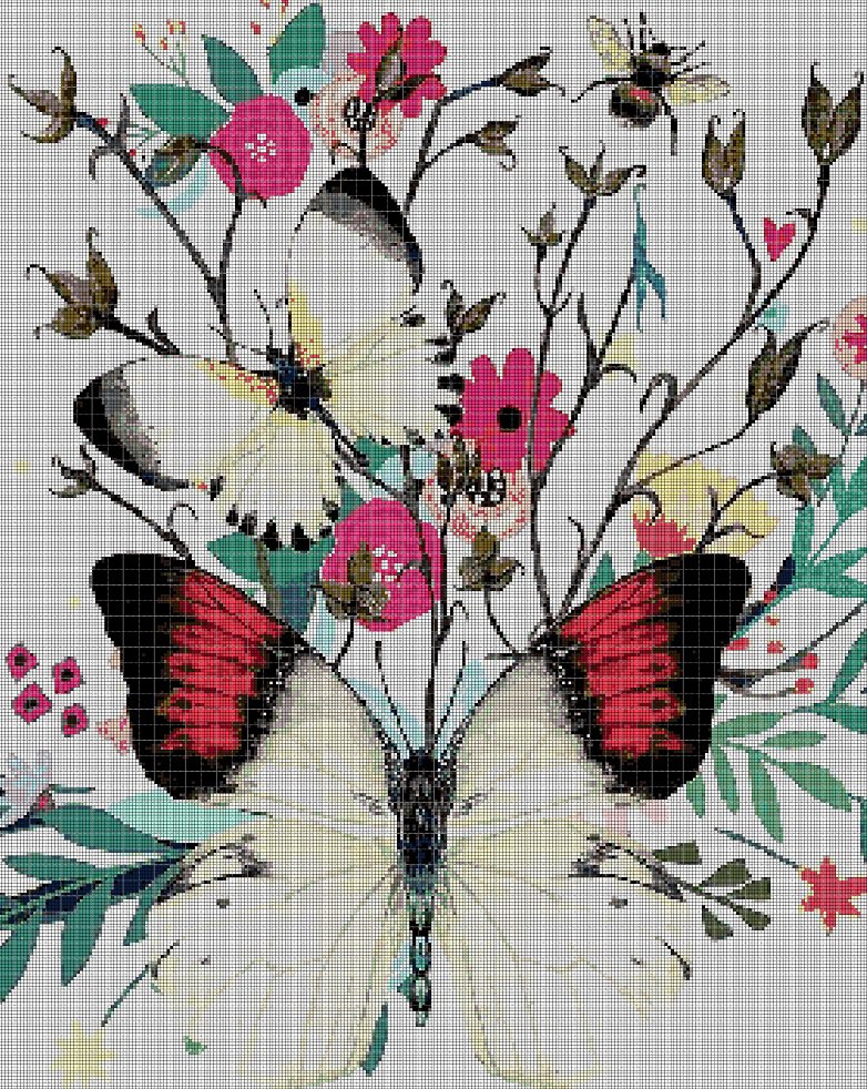 Butterfly with flowers DMC cross stitch pattern in pdf DMC