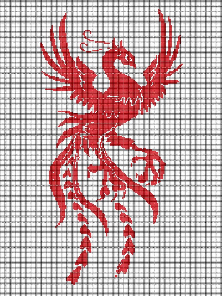 Red phoenix silhouette cross stitch pattern in pdf