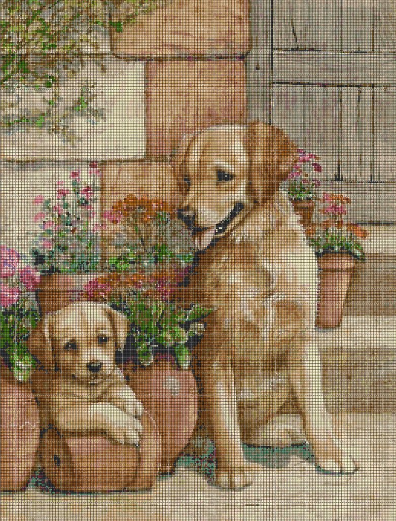 Dogs by the stairs DMC cross stitch pattern in pdf DMC