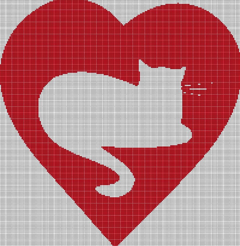 Cat-heart silhouette cross stitch pattern in pdf