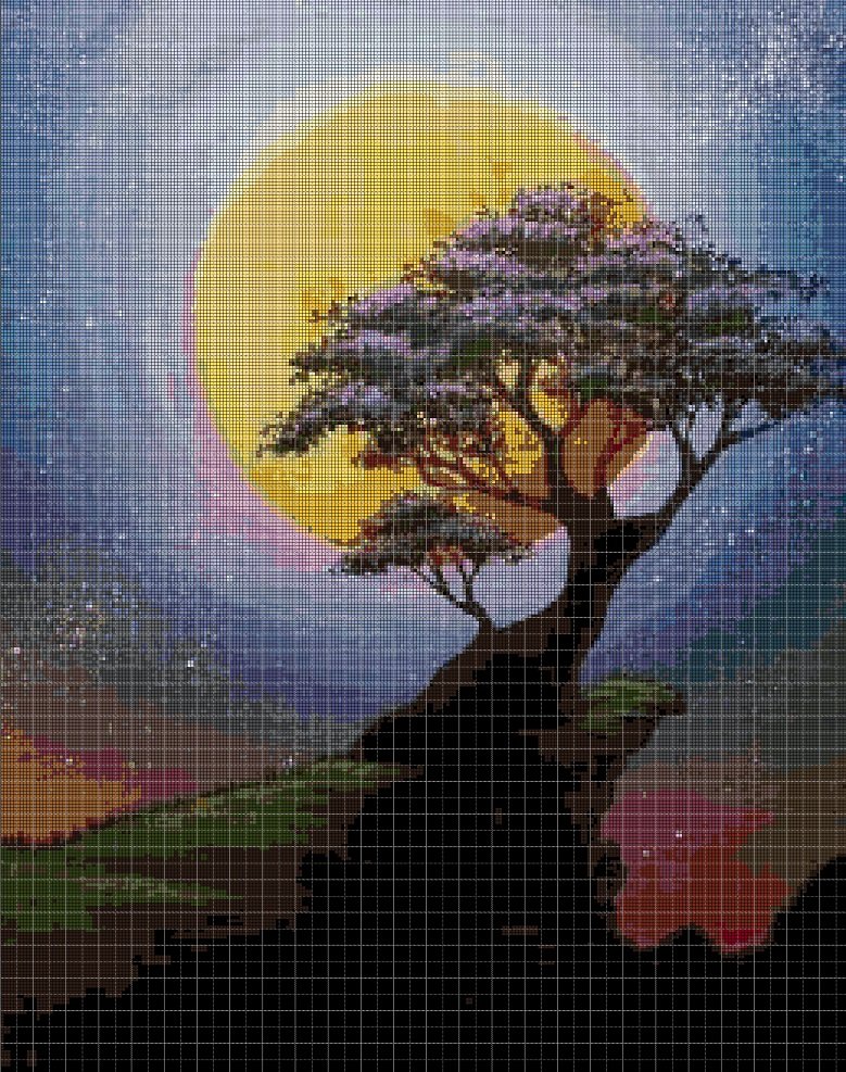 Tree and moon cross stitch pattern in pdf DMC