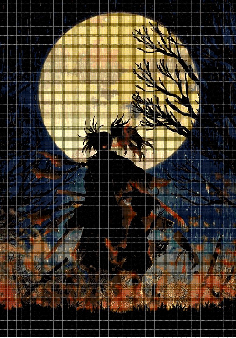 Warrior girl and the Moon cross stitch pattern in pdf DMC