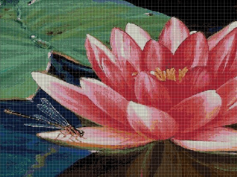 Water lily with dragonfly cross stitch pattern in pdf DMC