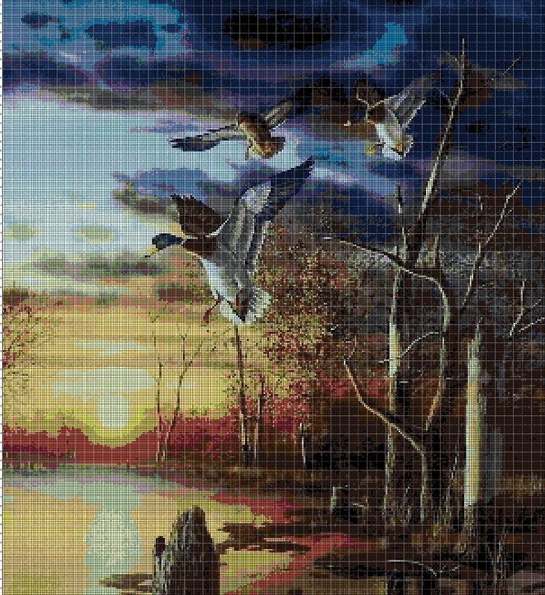 Wild ducks at sunset cross stitch pattern in pdf DMC