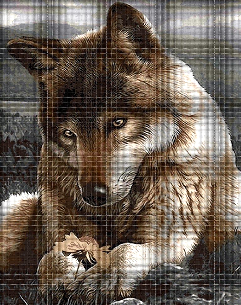 Wolf with flower cross stitch pattern in pdf DMC
