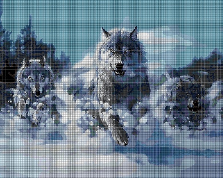 Wolves in winter 3 cross stitch pattern in pdf DMC