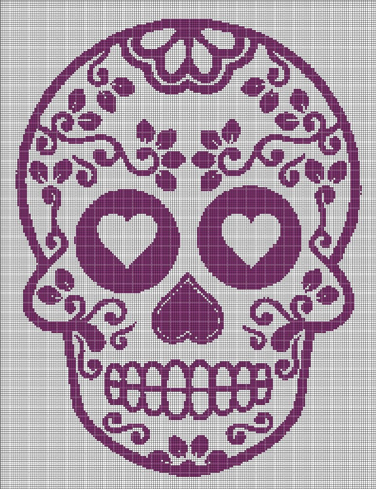Violet sugar skull  silhouette cross stitch pattern in pdf