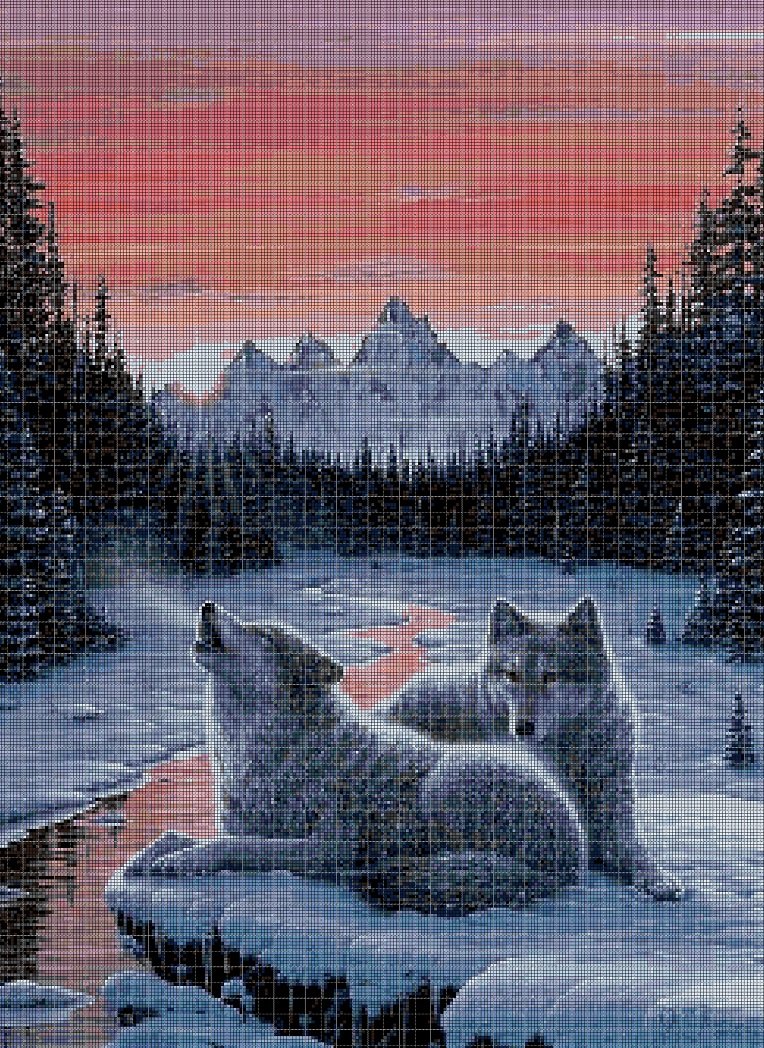 Wolves at twilight  cross stitch pattern in pdf DMC