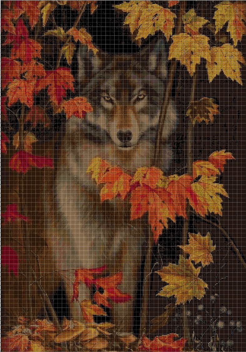 Wolf in autumn  cross stitch pattern in pdf DMC