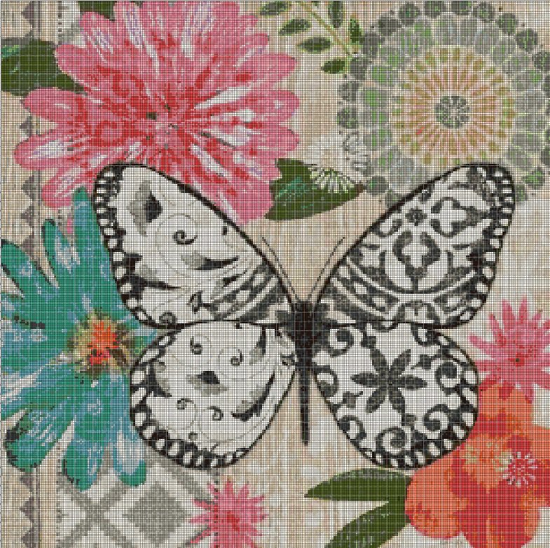 Vintage butterlfy and flowers cross stitch pattern in pdf DMC