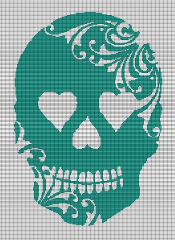 Sea green sugar skull silhouette cross stitch pattern in pdf