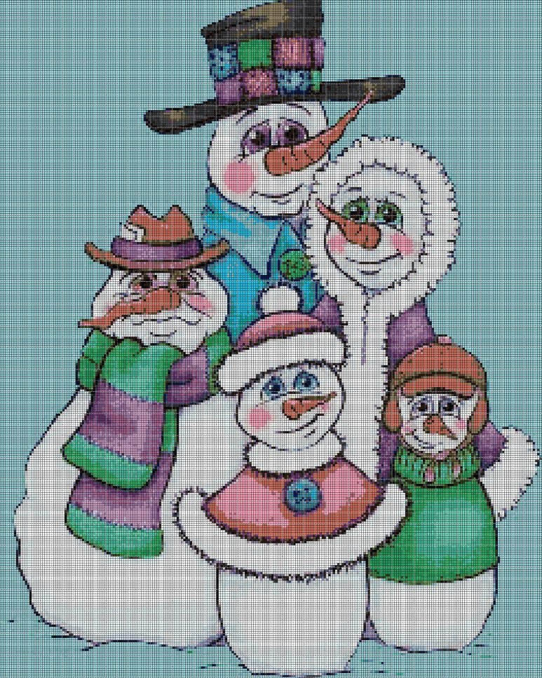 Modern snowman family cross stitch pattern in pdf DMC