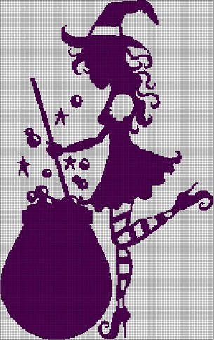 Little witch silhouette cross stitch pattern in pdf