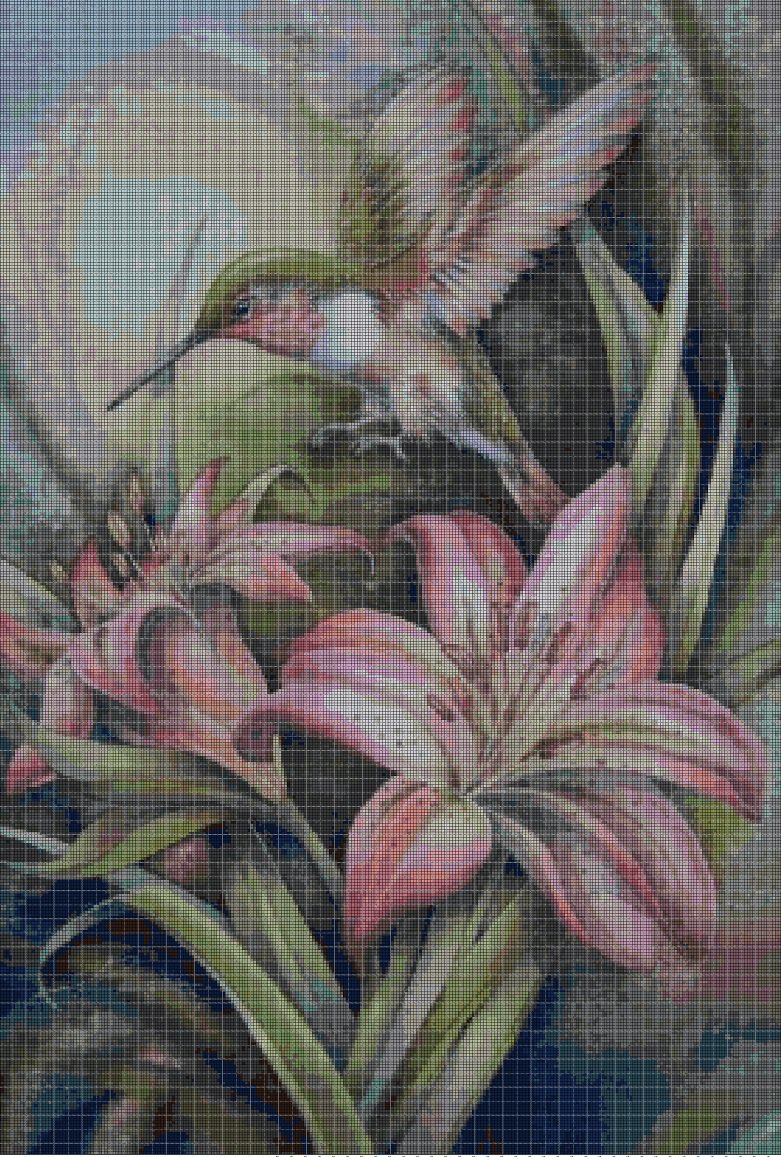 Hummingbird and lily cross stitch pattern in pdf DMC