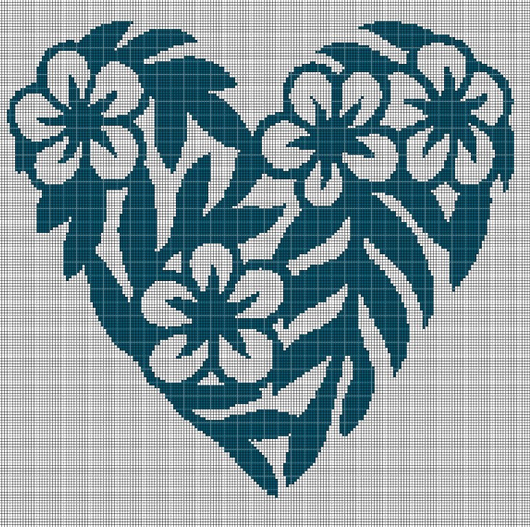 Blue flower heart silhouette cross stitch pattern in pdf