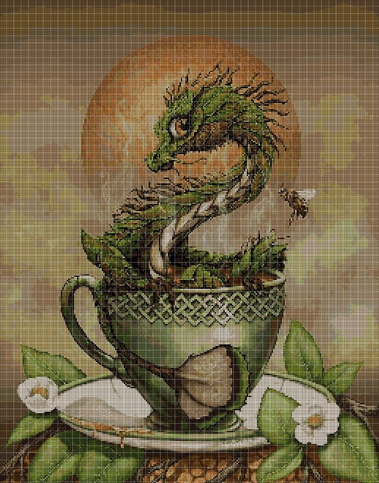 Baby dragon in teacup cross stitch pattern in pdf DMC