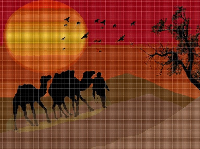 Bedouin camel caravan cross stitch pattern in pdf DMC
