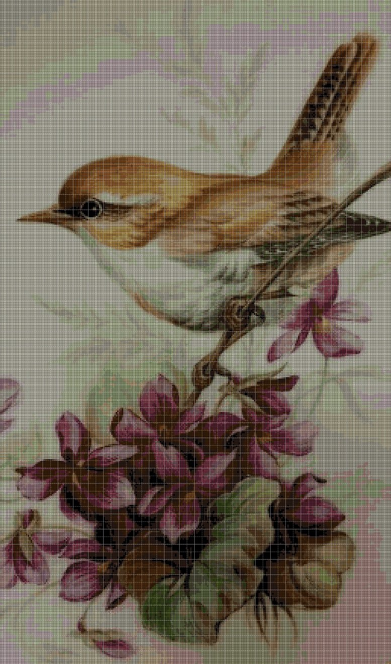Bird with violet cross stitch pattern in pdf DMC