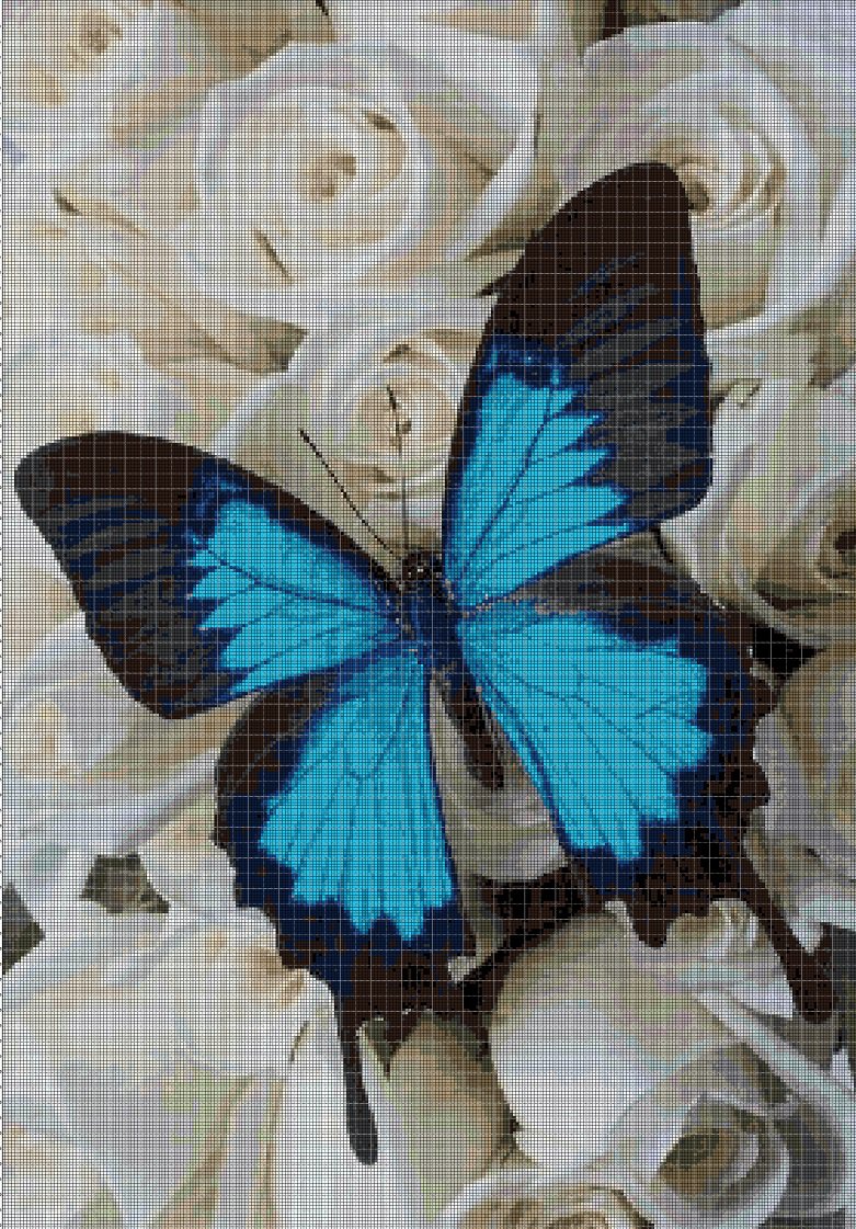 Blue Butterfly and roses  cross stitch pattern in pdf DMC