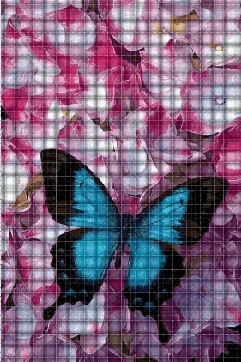 Blue Butterfly in flowers cross stitch pattern in pdf DMC