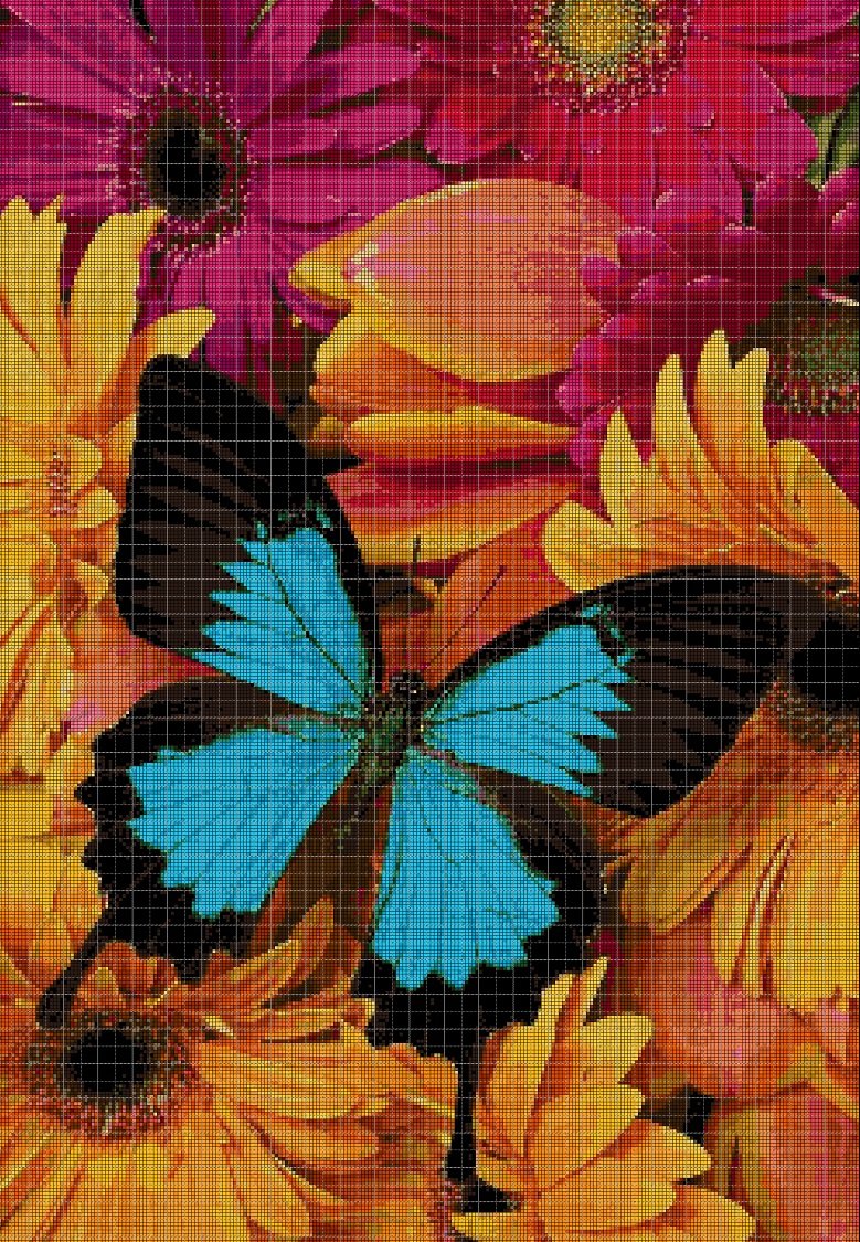 Blue Butterfly in flowers 2 cross stitch pattern in pdf DMC