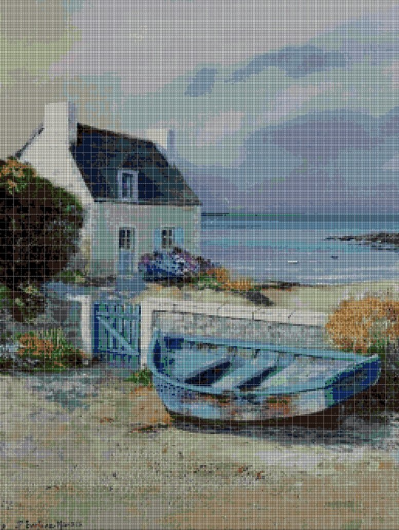 Boat on seaside cross stitch pattern in pdf DMC