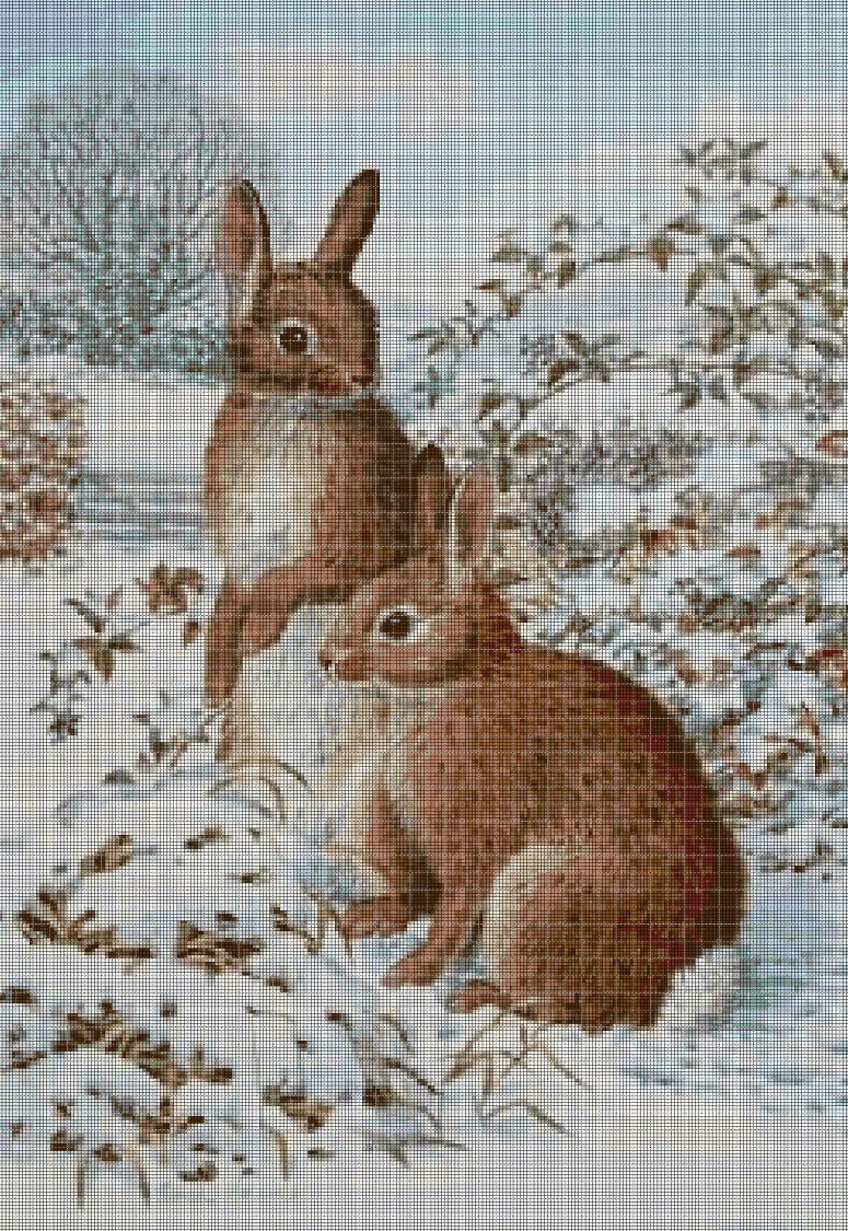 Bunnies in winter cross stitch pattern in pdf DMC