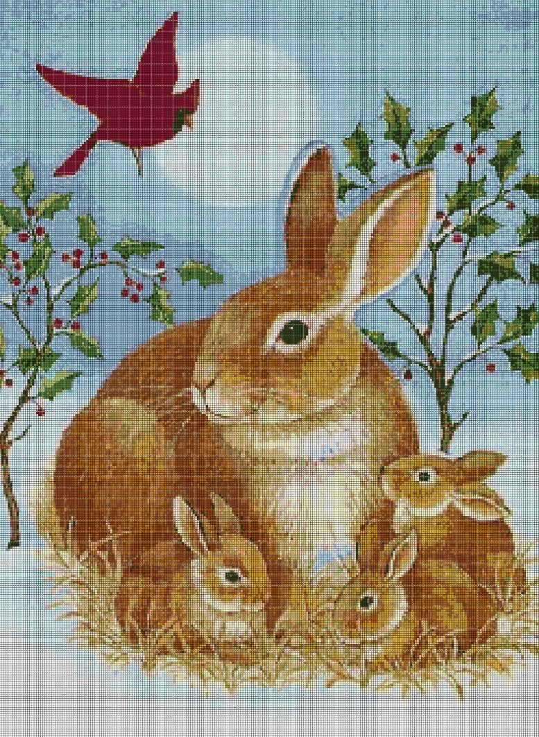 Bunnies in winter 3 cross stitch pattern in pdf DMC