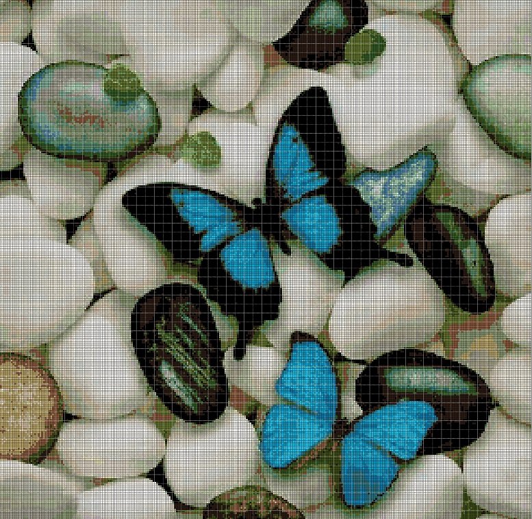 Butterfly and pebbles cross stitch pattern in pdf DMC